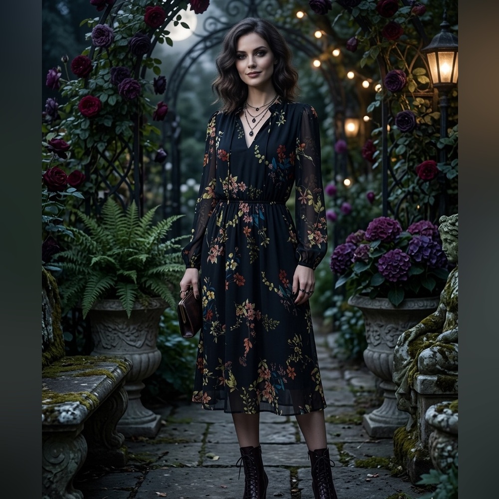 Marc New York Floral Long Sleeve Midi Dress - Black - Ruffle Neck - Size 8